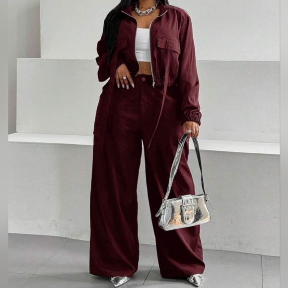 boutique Pants - Women's Deep Red Zip-Front Crop Jacket With Wide Leg Pants Two Piece Set Sz Xl
